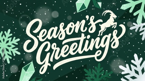 Season's Greetings text illustration with winter snowflakes and zodiac goat motif, New Year 2027 celebration, festive card and digital background design