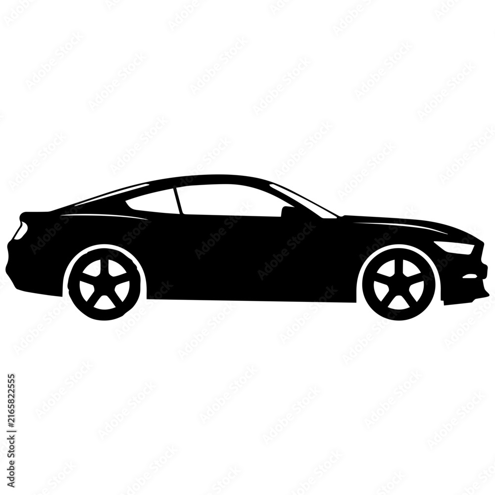 Naklejka premium Black car silhouette icon, side view of a modern sports vehicle isolated on white background.