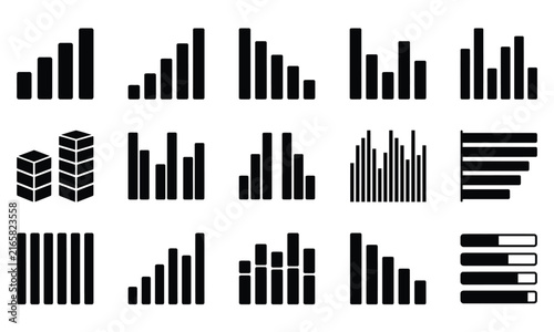 Set of various black and white bar chart icons representing business data analysis and financial statistics
