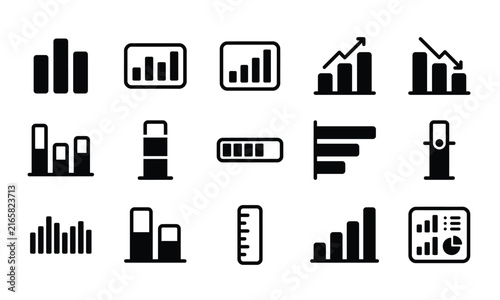 Set of various business bar chart and data analysis icons for financial reports and digital dashboard design
