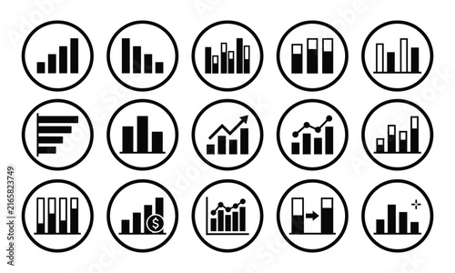 Set of black and white business data analysis icons featuring various bar charts and line graphs