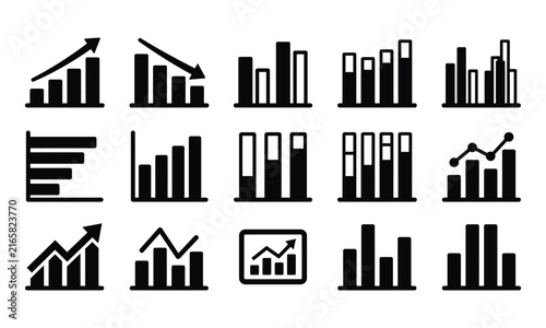 Set of black and white business graph and chart icons representing financial data analysis and growth
