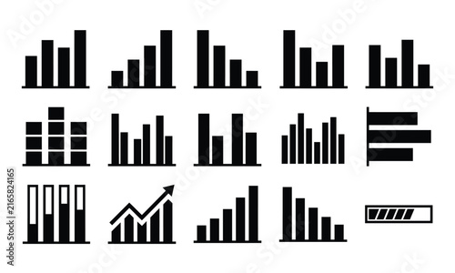 Set of various black and white hand drawn bar charts and financial graphs for business data analysis