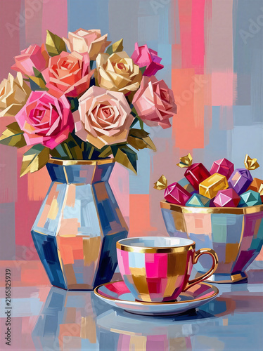 A vase with flowers, a cup of tea. A graphic illustration, an artificial intelligence generator, AI, an image of a neural network. Background for design.