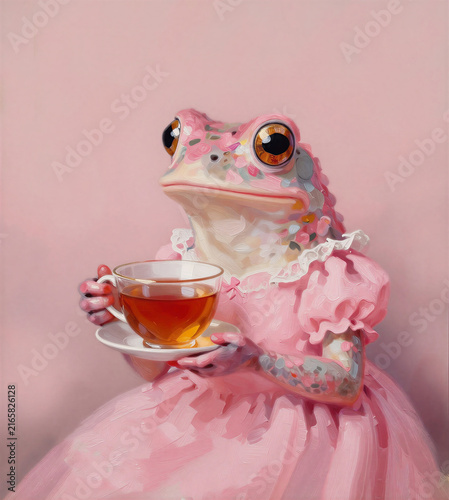 A frog in a pink dress is holding a glass cup of tea. A graphic illustration, an artificial intelligence generator, AI, an image of a neural network. Background for design.