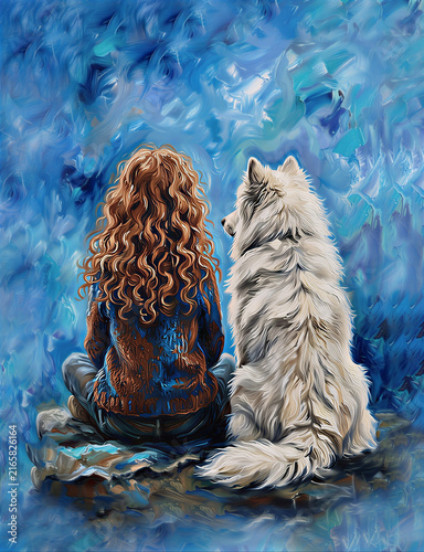 The girl and the dog are sitting with their backs to each other. A graphic illustration, an artificial intelligence generator, AI, an image of a neural network. Background for design.