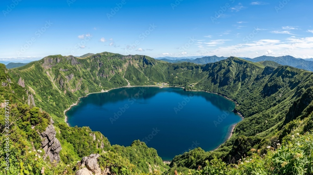 Fototapeta premium Stunning Panorama of Crater Lake Surrounded by Green Volcanic Mountains