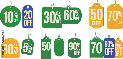 Bild auf Leinwand Discount sale tags featuring 5%, 10%, 20%, 30%, 50%, 60%, 70%, 80%, and 90% off,