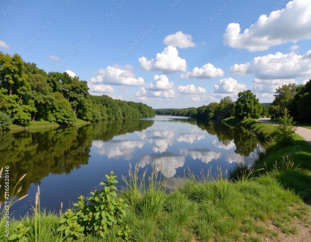 Obraz premium A serene lake surrounded by lush trees and green grass, perfect for a peaceful outdoor scene