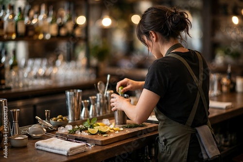 Female bartender preparing a cocktail behind a bar counter
