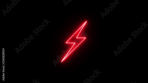 Glowing red neon lightning bolt symbol pulsing on black background, minimalist electric energy animation
