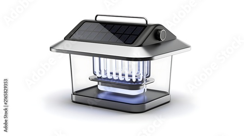Modern solar-powered insect zapper lamp with glowing UV light on a white background.