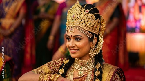 Beautiful Indian Bride Wearing Traditional Gold Crown and Elaborate Jewelry