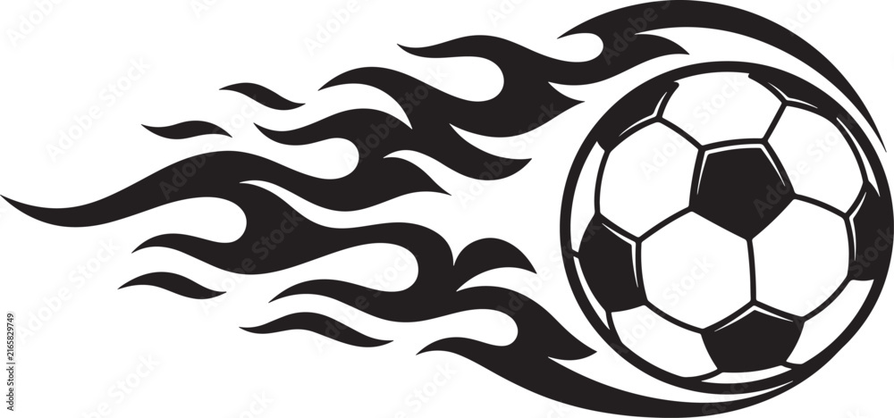 Fototapeta premium Black and white of a soccer ball engulfed in stylized tribal flames, moving fast football fire