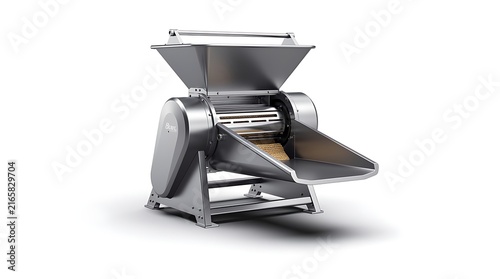An industrial stainless steel food processing machine isolated on a white background.