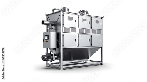 Industrial stainless steel filtration machine with control panel on a white background.