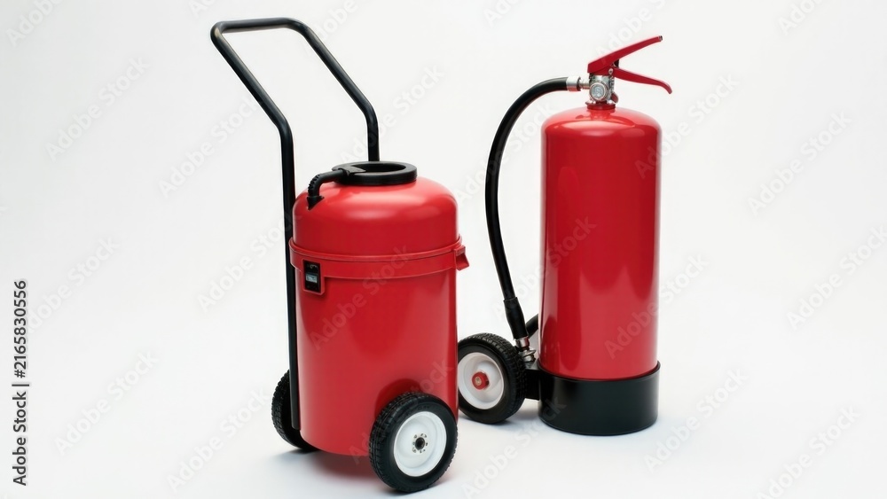 Obraz premium Two fire extinguishers with wheels on a white surface