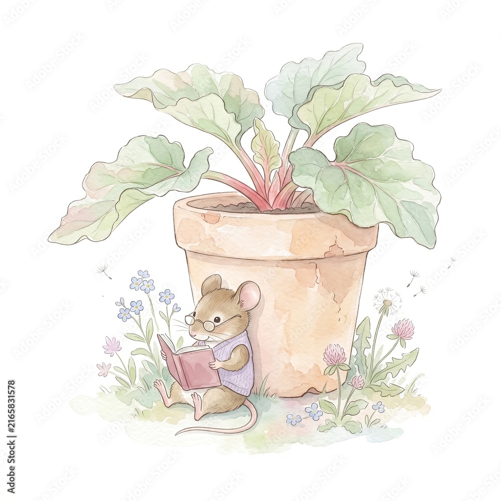 Fototapeta premium Smart little mouse wearing glasses reading book sitting large terracotta pot green plant watercolor clipart