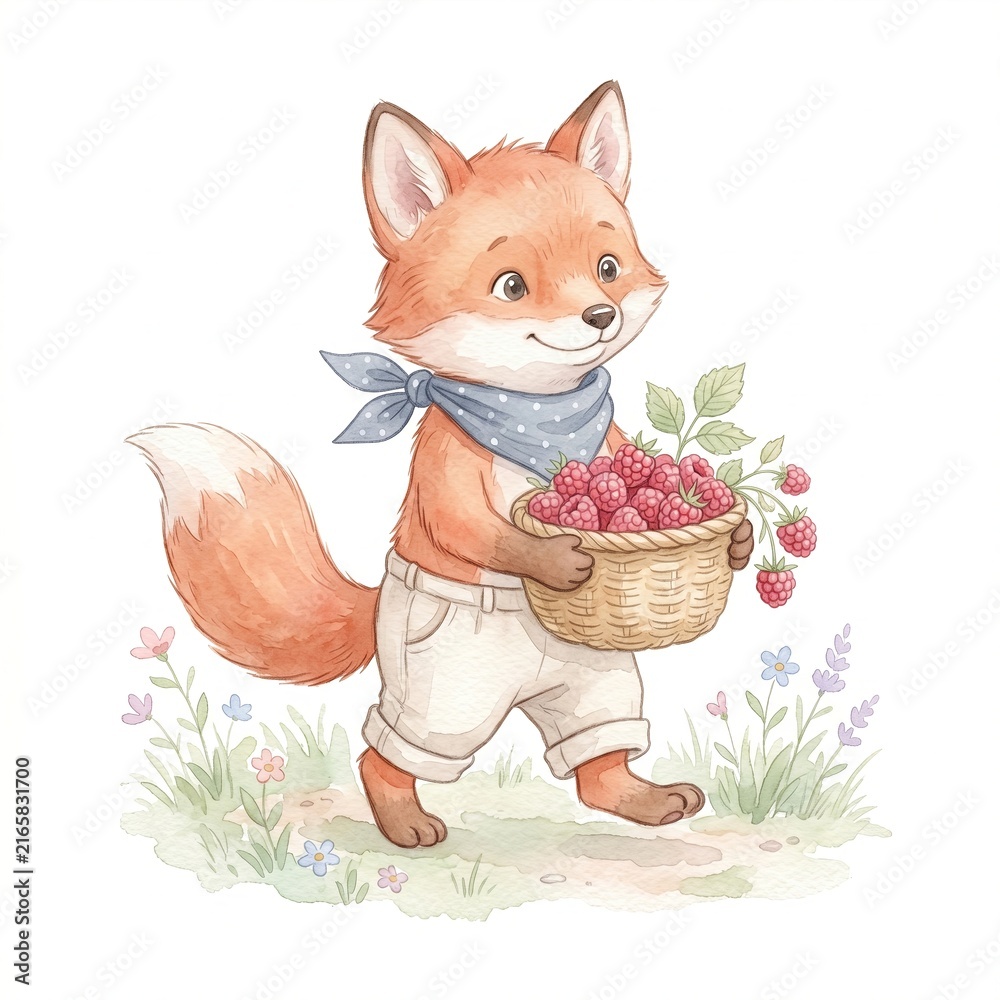 Fototapeta premium Cute baby fox wearing bandana carrying woven basket fresh raspberries summer harvest watercolor clipart