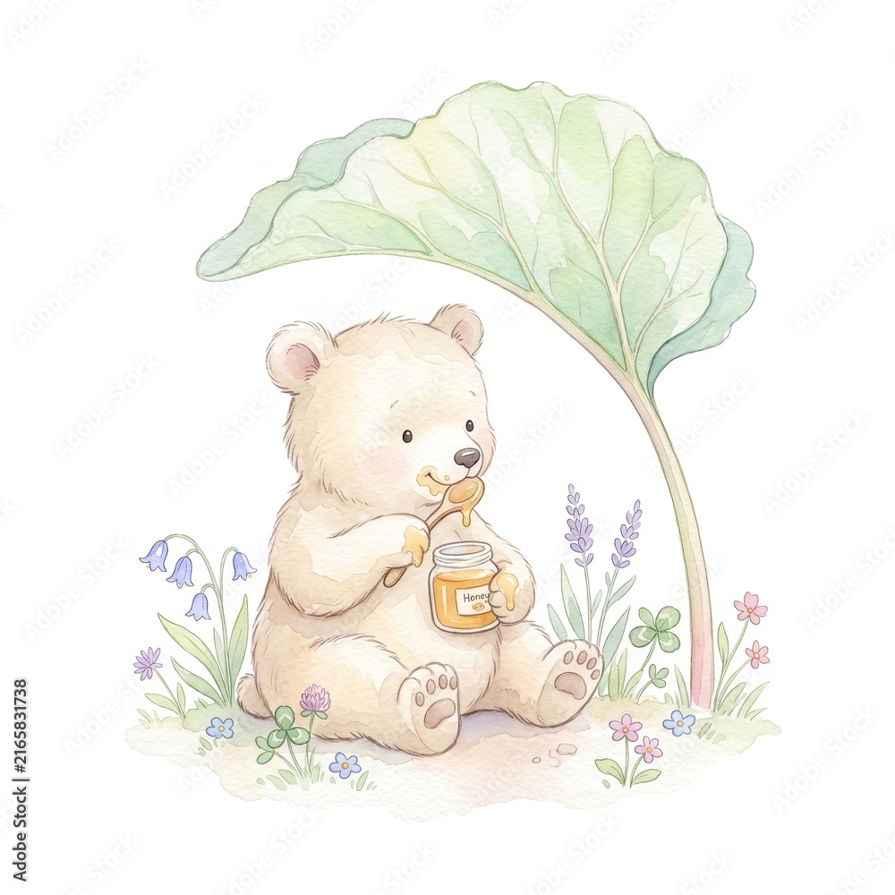 Fototapeta premium Cute baby bear eating sweet honey wooden spoon sitting under giant green leaf umbrella watercolor clipart