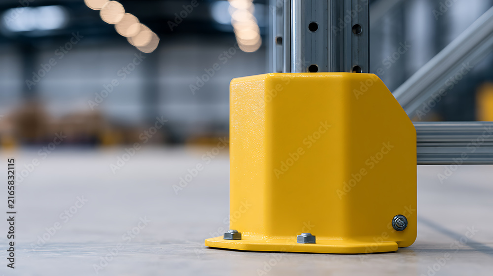 Naklejka premium Industrial heavy duty bright yellow safety protector guard installed on warehouse metal storage rack upright column base floor anchor bolt