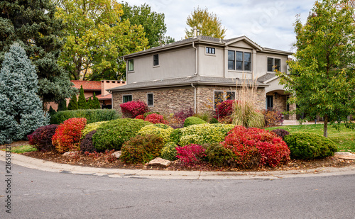 Obraz na płótnie Street view of a home's Fall or Autumn landscaping with a variety of colorful bushes planted alongside the curb