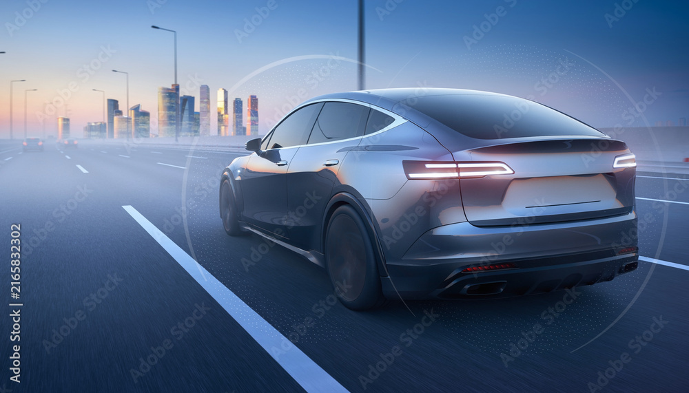 Naklejka premium Autonomous Electric Vehicle Driving on Modern Highway at Sunset