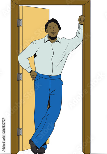 A man stands in the doorway and greets someone. The homeowner at the door. Vector illustration. Isolated illustration.