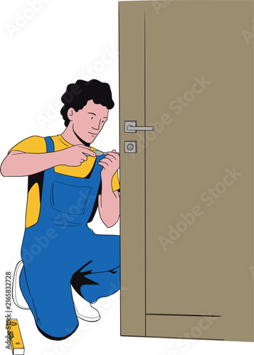 A handyman is installing a lock in a door and tightening everything with a screwdriver. Vector illustration. Color illustration.