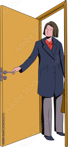 A real estate agent is entering a premise while opening doors. A woman is opening a door. Vector Illustration. 