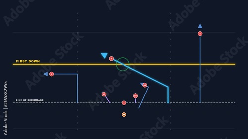 Abstract American football play diagram showing offensive strategy and player movement paths on a dark background.
