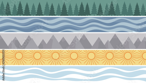 Five horizontal landscape panels show diverse natural environments like green forests, blue waves, and snowy mountains.