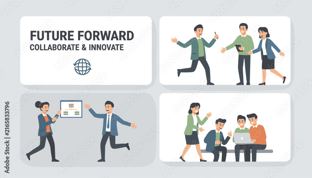 Fototapeta premium Flat vector illustration grid showcasing diverse office colleagues collaborating, presenting, and celebrating.