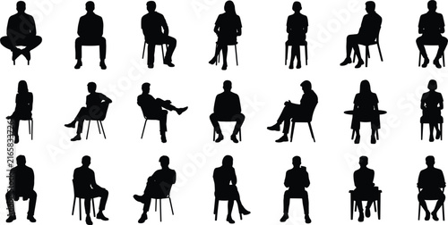 Collection of various black silhouettes of people sitting on chairs in different positions and postures, isolated on a white background, for and architectural projects