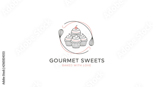 Elegant branding logo for a gourmet sweets bakery featuring four delicious cupcakes surrounded by vintage whisks.