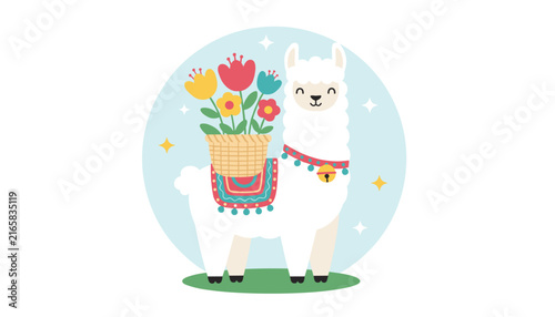 Happy cartoon llama carrying a basket full of colorful spring flowers on its back with magic stars in the background.