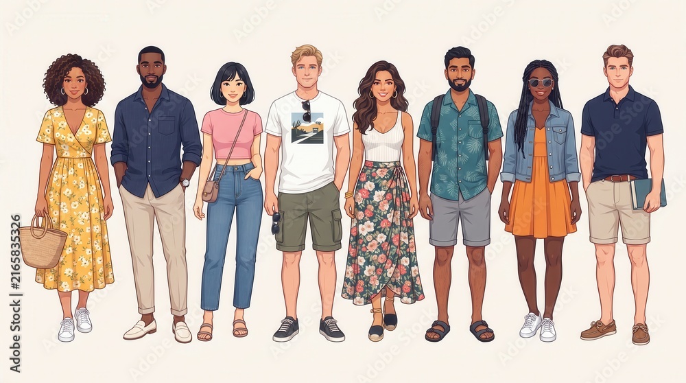 Obraz premium Diverse group of young adult friends standing together in casual summer clothing