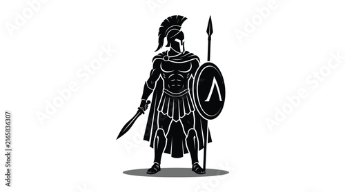 Spartan warrior silhouette vector illustration featuring a historic Greek soldier holding his sharp iron spear weapon