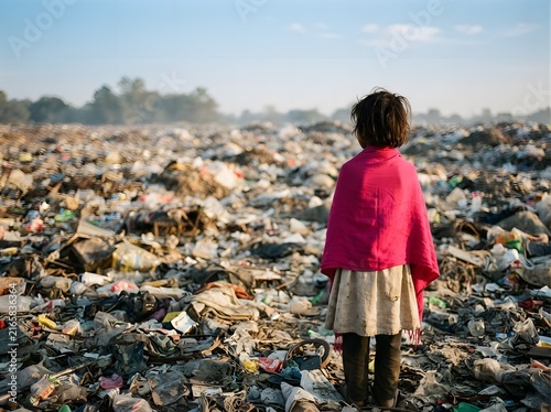 Young girl standing in the middle of a large garbage dump