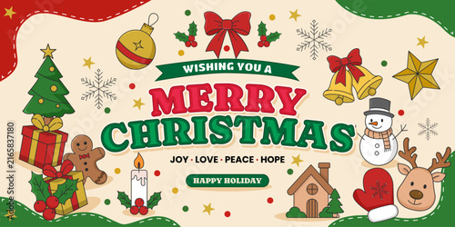 Merry Christmas Banner Template with Festive Holiday Decorations and Promotion Copy Space