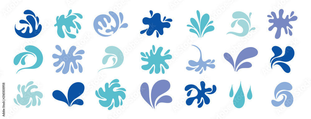 Fototapeta premium Blue watercolor doodle drops and splashes with fluid shapes hand drawn