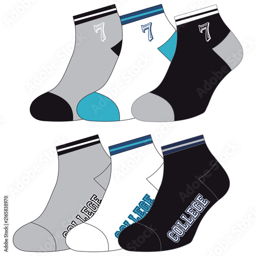 Types of plugs. Blank realistic pairs of different stockings, set of no-show, low-cut, ankle, mid-calf, over-the-calf. Products on mannequins with shadow vector isolated illustration