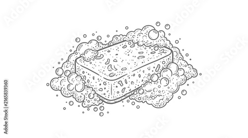 Obraz na płótnie Sponge with thick soap bubbles rests on a neutral surface to represent the daily household chore of washing dishes and maintaining a clean environment in the kitchen