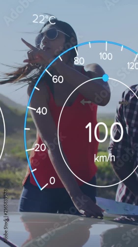 Speedometer and battery level animation over people enjoying road trip