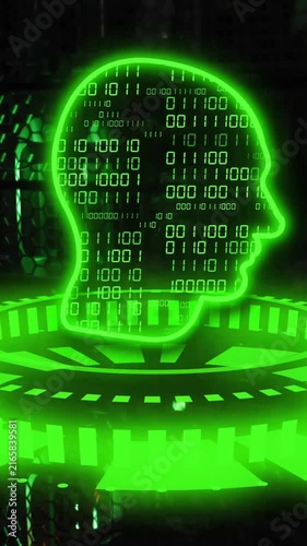 Binary code and human head hologram animation over digital interface