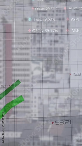 Animation of green lines and financial data processing over city