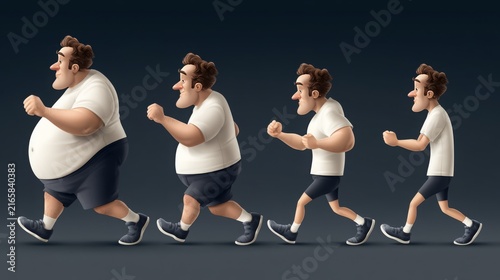 Stages of weight loss showing an overweight man exercising to achieve a slimmer physique. 
