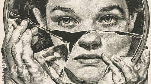 Vintage engraved illustration of broken mirror fragments reflecting a woman's face held in her hands.