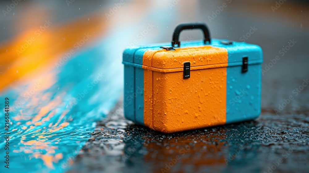 Obraz premium Emergency kit case on wet glossy pavement with blue and amber reflections