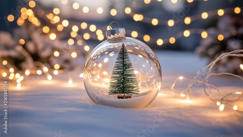 Christmas tree in glass ball on snow. Glitter lights